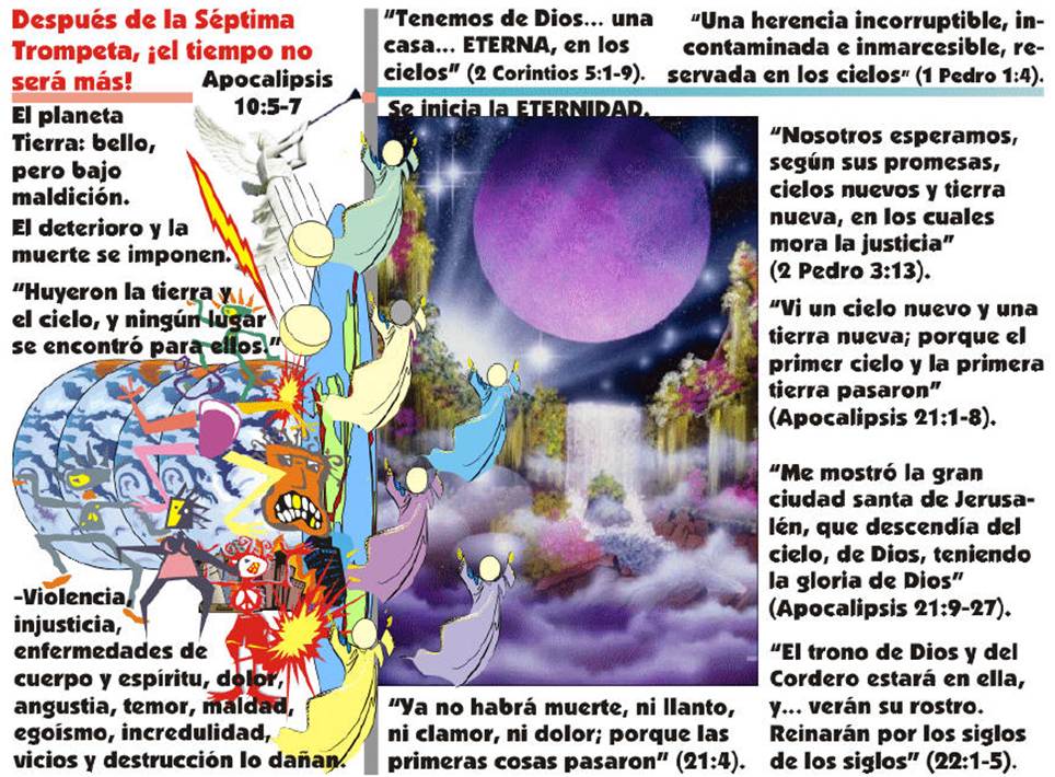 Un collage de caras distorsionadas por el espanto y pavor reflejados en ellas, de cinco figuras abstractas humanas que suben al cielo, de bolas de granizo y de una escena de tierra y cielos nuevos. 